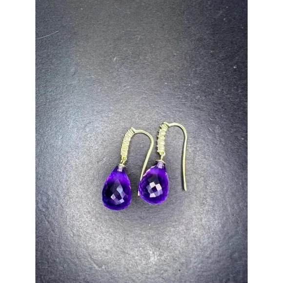 14k gold amethyst briolette and diamond dangle earrings
